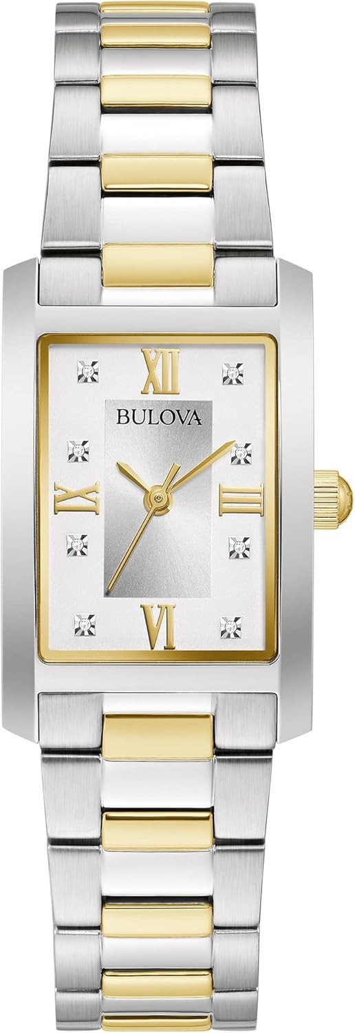 Bulova Ladies' Classic Diamond Two-Tone Stainless Steel 3-Hand Quartz Watch, Rectangle Silver Dial Style: 98P205
